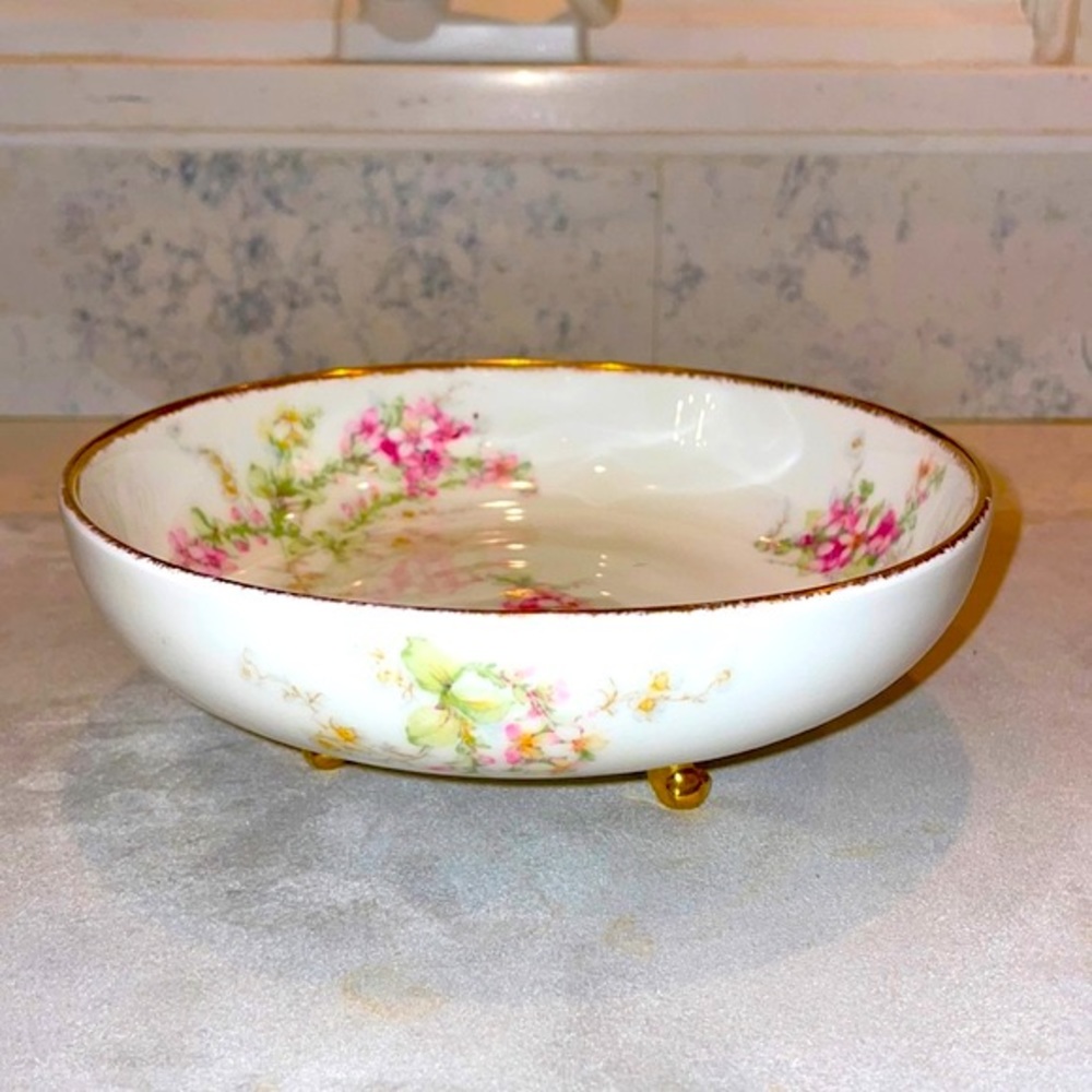 Limoges France Antique Three Footed Elite Works Floral Bowl EUC